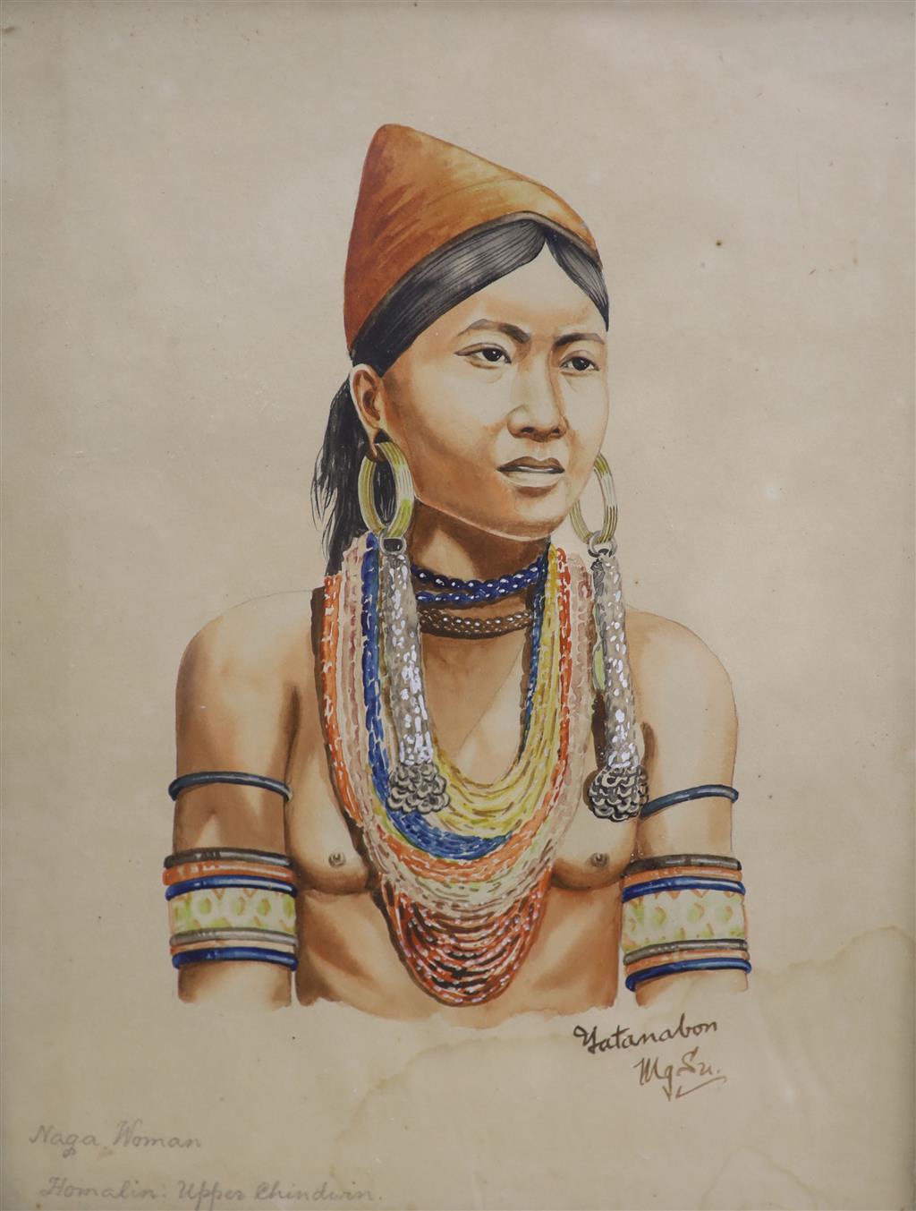 Yatanabon MgSu (Burmese), pair of watercolours, Studies of a Naga man and woman, Homalin Upper Chindwin, signed, 32 x 24cm